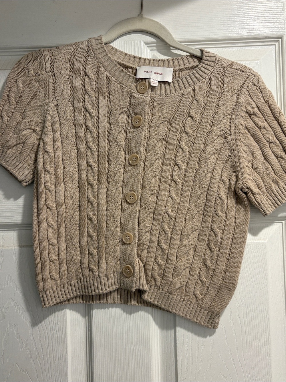Pink Rose Short-Sleeve Cable Knit Cardigan - Tan